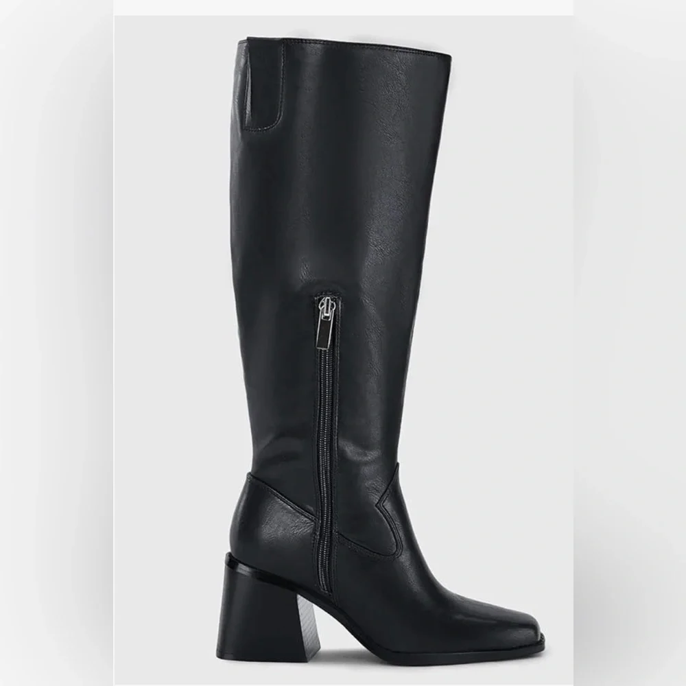 Coutgo New Black Women’s Knee-High Block Heel Square Toe Boots Size:7 - Picture 4 of 10